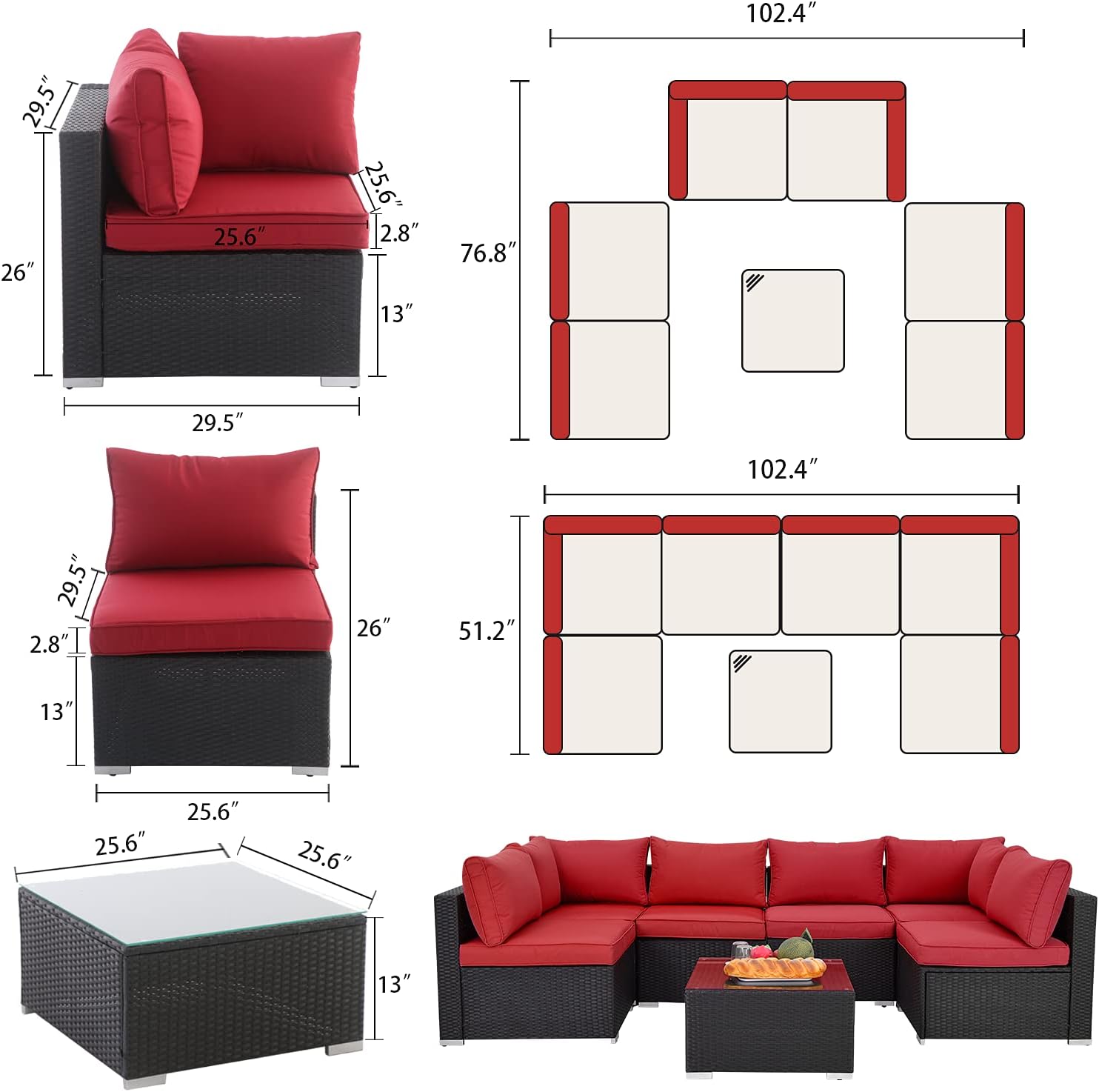 7 Pieces Patio Furniture Sets,Luxury Outdoor All Weather PE Rattan Wicker Lawn Conversation Sets,Garden Sofa Set with Coffee Table and Couch Cushions for Patio, Backyard, Pool (Red-7PCS) : Patio, Lawn & Garden