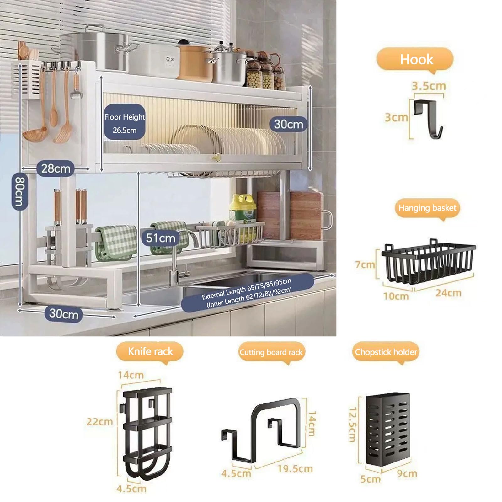 Scolapiatti a 3 Ripiani sopra Il lavello con Coperchio per Piatti, Bicchieri, Ciotole e Posate. Soluzione per organizzare in Modo efficiente Lo Spazio sul bancone della Cucina (Bianco 65 cm)