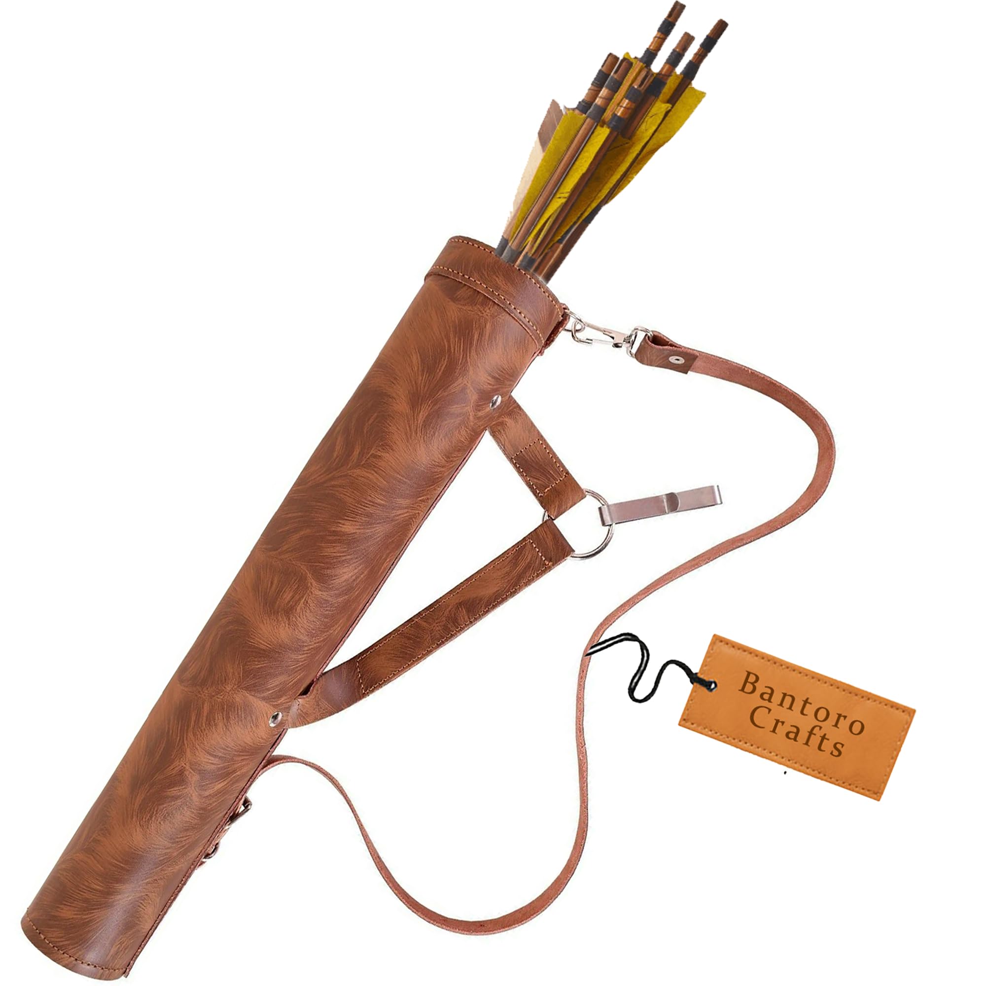 Bantoro Crafts Leather Archery Quiver 17 Inch Handmade Cowhide Suede Arrow Holder with Adjustable Shoulder & Waist Straps (Brown)