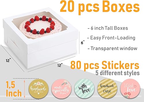 Miniatura 2 de 20 cajas para tartas de 12 x 12 x 6 pulgadas con ventana, caja transparente de panadería para postres, cajas cuadradas blancas grandes desechables