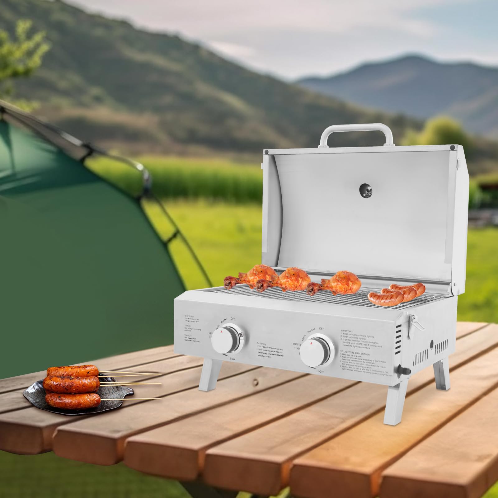 Barbacoa de gas de acero inoxidable para mesa, 2 quemadores, parrilla grande con tapa, 55,8 x 45 x 38 cm