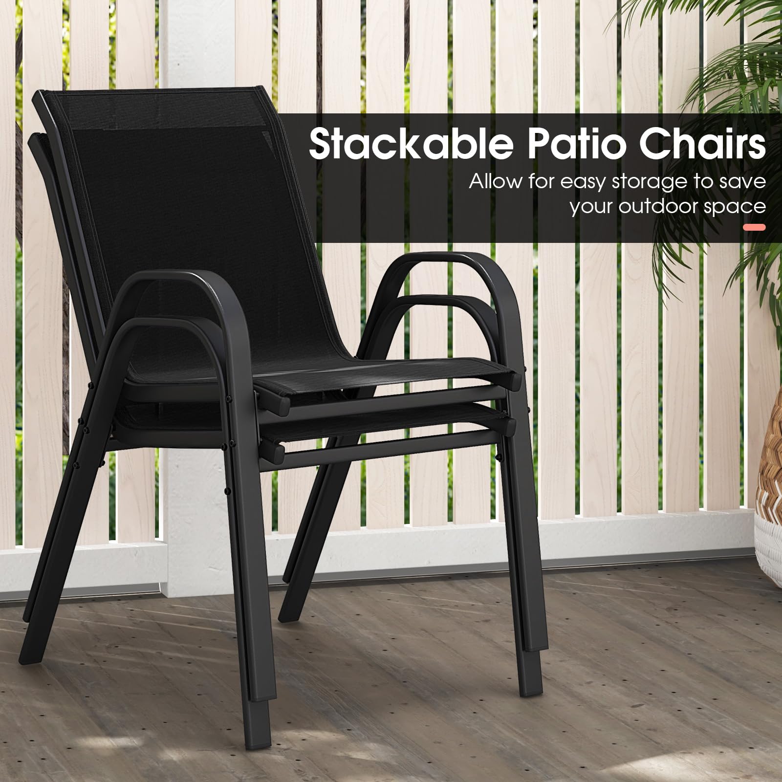 GIANTEX 4er Set Gartenstühle Stapelbar, Balkonstühle aus Textilene & Metall, Stapelstühle Hochlehner mit Armlehnen, Terrassenstühle Outdoor belastbar bis 150 kg (4, Schwarz, 56x70x84 cm)