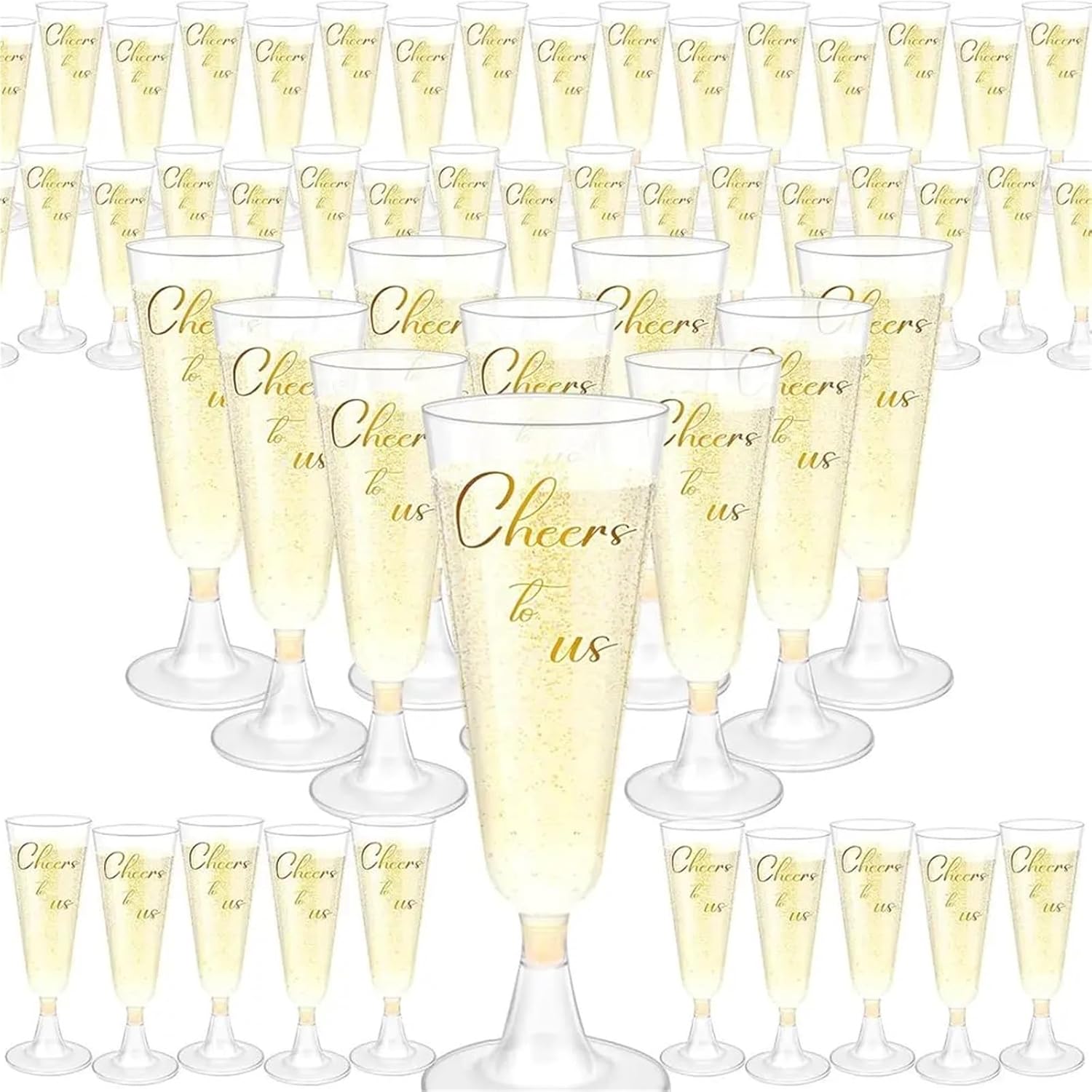 Plastic Champagne Flutes Disposable 100 Pack 4.05oz Clear Plastic Champagne Flutes with Gold Cheers Print for Wedding
