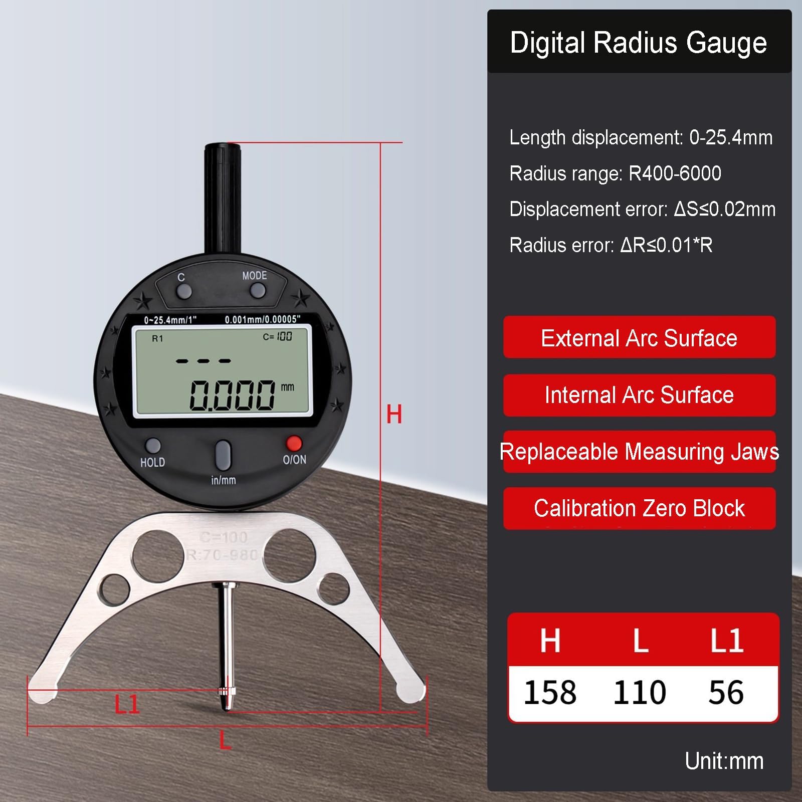 Medidor de radio digital electrónico, instrumento de medición de radio de alta precisión, mandíbula de medición intercambiable, desplazamientos de 0 a 25,4 mm, para piezas mecánicas industriales