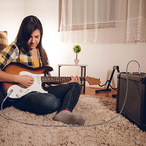 Miniatura 5 de Cable de guitarra, cable de 14 de pulgada de 10 pies, recto a ángulo recto de 0.250 in, cable de instrumento de teclado de bajo, negro y gris Tweed
