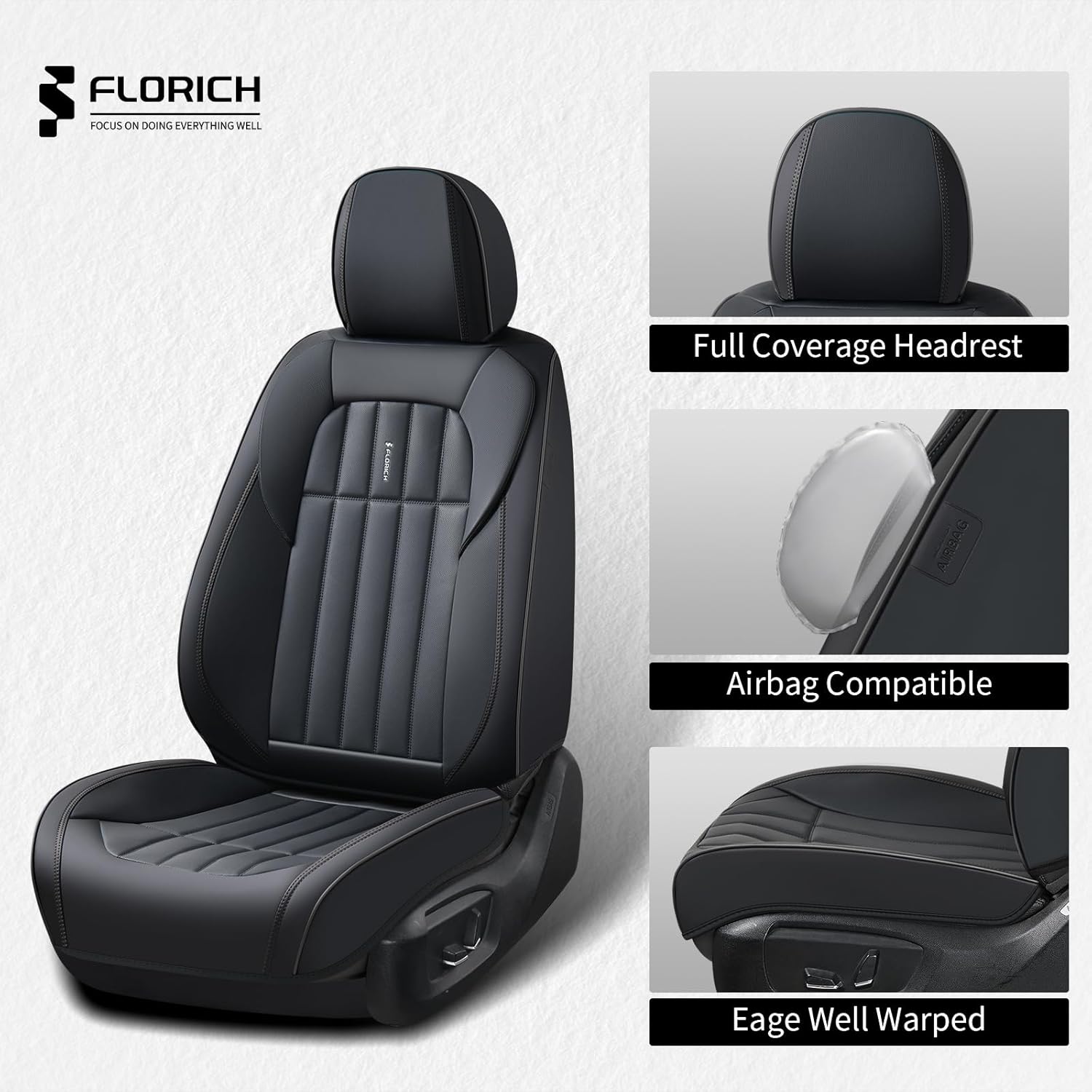 FLORICH Seat Cover, Car Seat Covers Full Set, Waterproof Leather Car Seat Protector 5 Seats, Front and Rear Seat Covers for Cars, Automotive Seat Covers Protector Fit for Most Cars Trucks SUV - Black