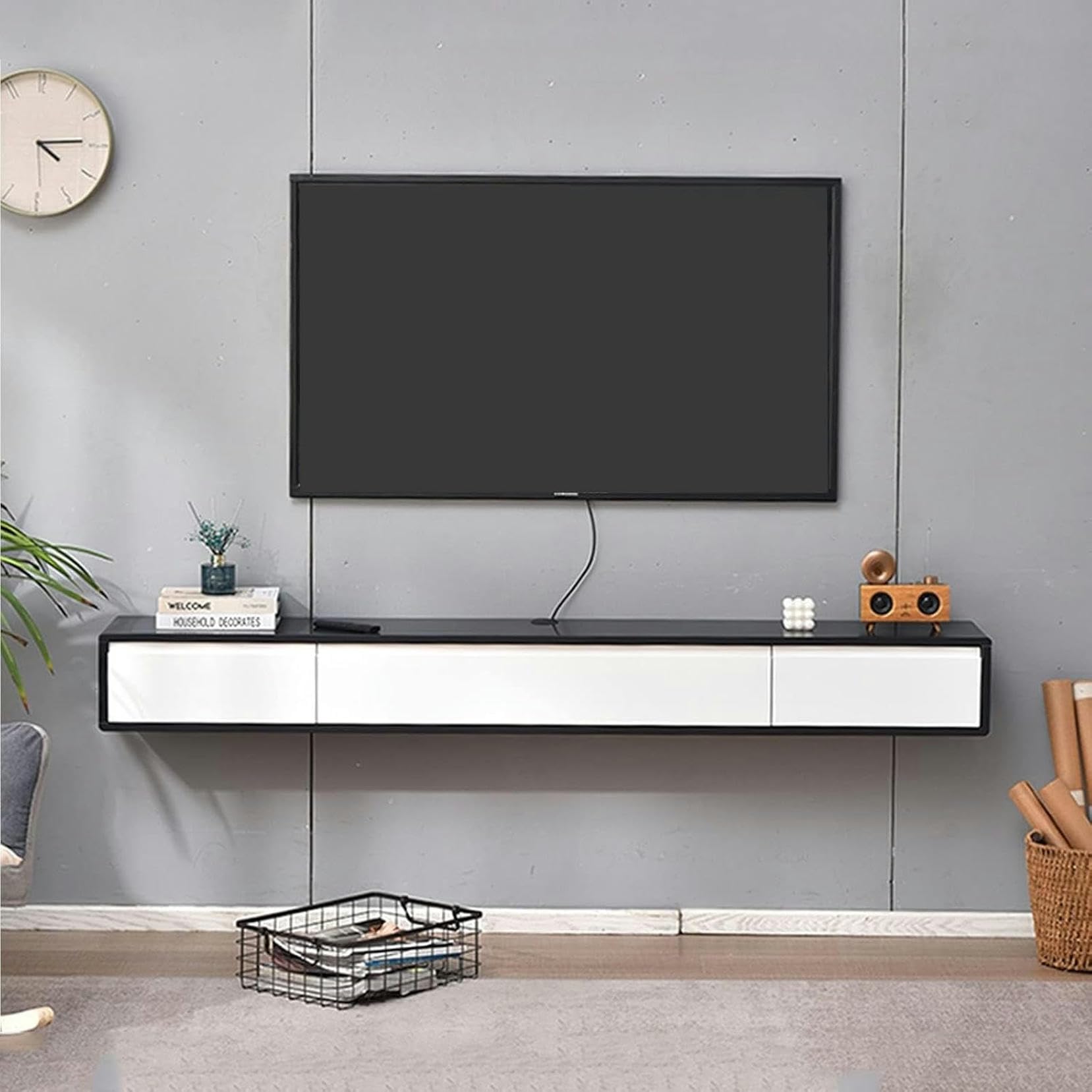 Meuble TV flottant de 140 cm avec étagère murale et grands rangements