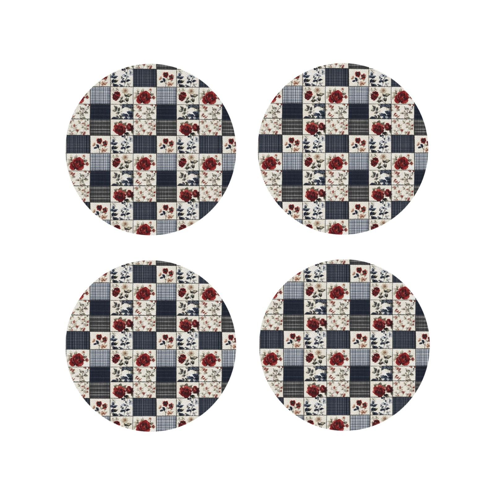 Leather Coasters Set of 4 - Retro Floral Plaid Print Lightweight Drink Coasters for Desk