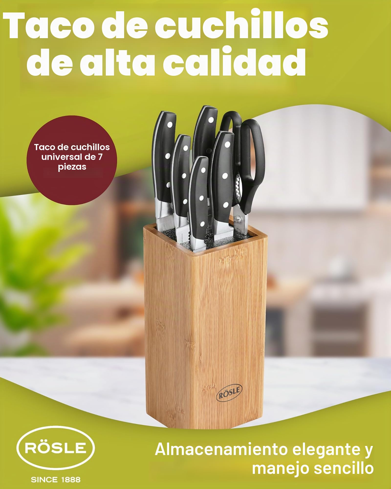 RÖSLE RÖSLECuisine Bloque de Cuchillos con Cepillo, 7 Piezas, de Calidad con Madera de Bambú con 5 Cuchillos Afilados y Tijeras de Cocina, Hojas de Acero Especial, Protector de Dedos
