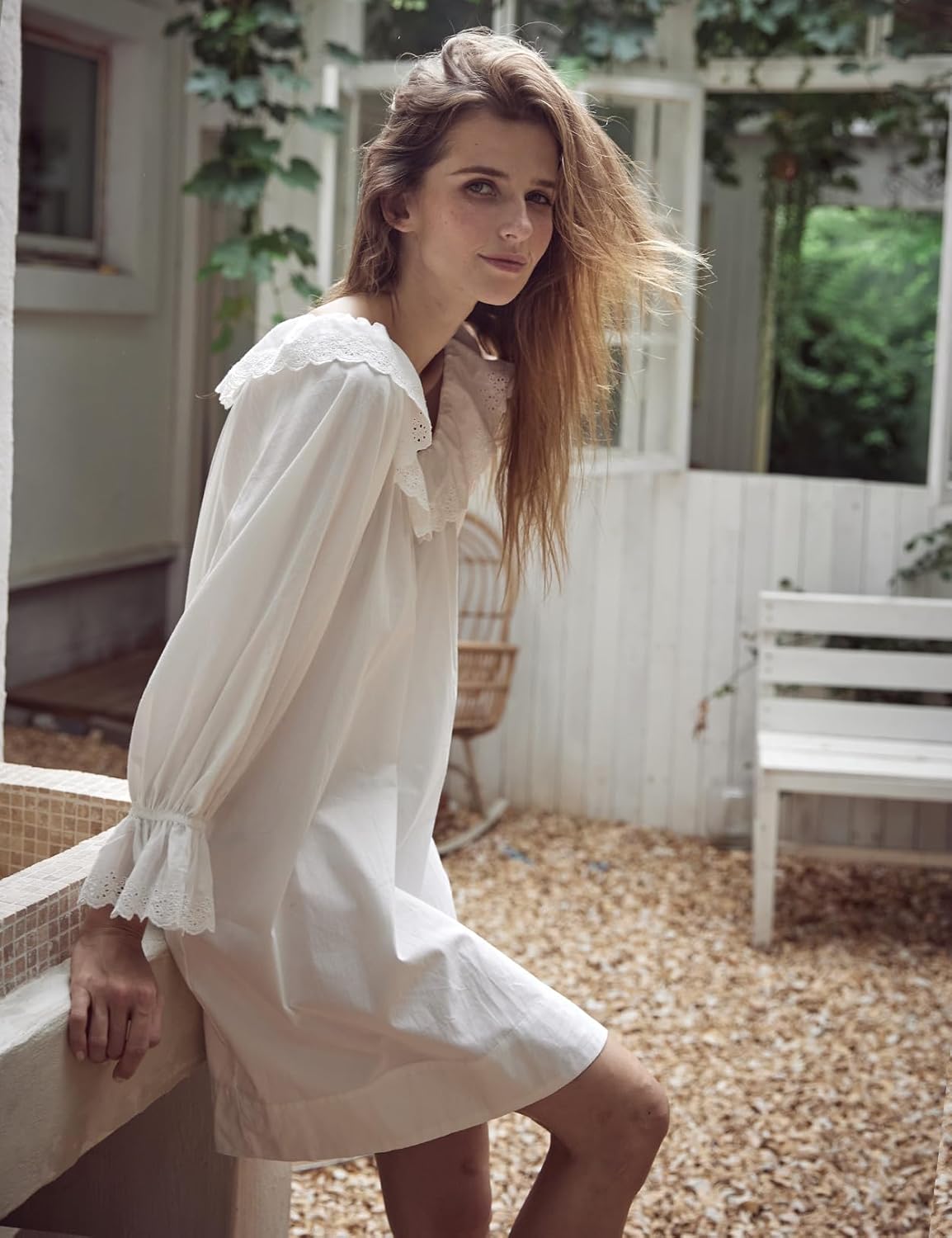 BEAUTELICATE 100% Cotton Women Renaissance Peasant NightGown Shirt Ruffled Sleeve Round Collar with Lace Trim OffWhite - Image 4