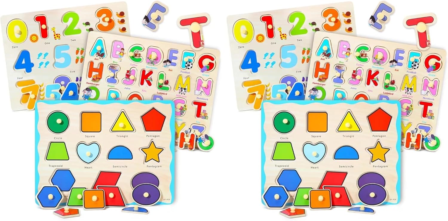 GRINNNIE Wooden Montessori Toddler Puzzles for 3 4 5 Years Old, 3 Pcs (Number, Letter, Shape) Kids Preschool Educational Peg Puzzle Set