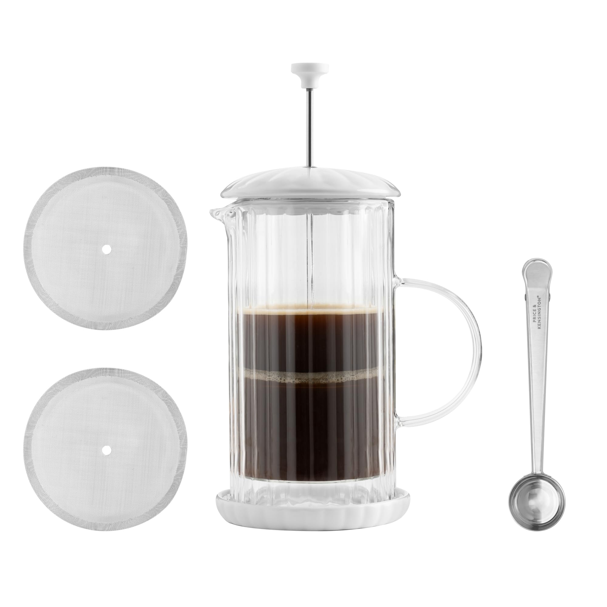 Price & Kensington LUXE French Press - Cafetera (1 L, cristal y acero inoxidable, para 1 o 2 tazas, filtro de malla fina sin papel, apta para lavavajillas), color blanco