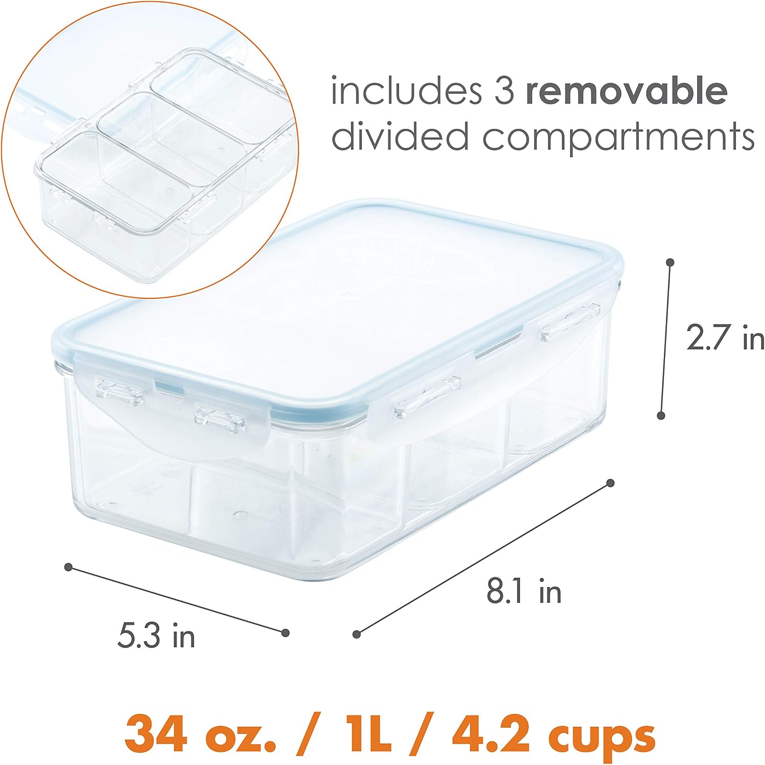 LOCK & LOCK Purely Better Tritan Container/Rectangle Food Storage Bin with Divider, 34 Ounce, Clear image 2