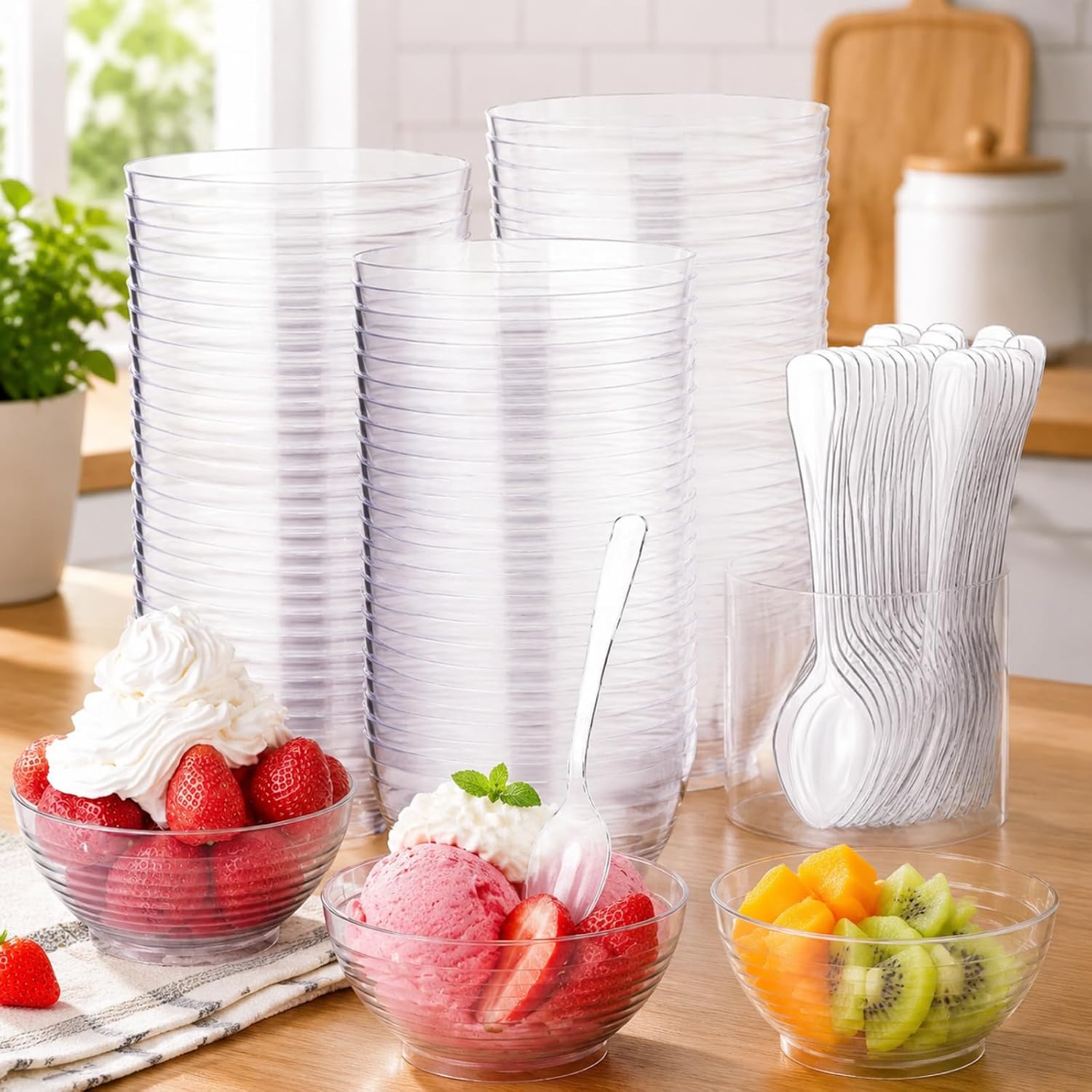 Newtay 200 Pcs 3 oz Mini Dessert Bowls and Spoons Small Clear Plastic Bowl Hard Serving Cups for Appetizers Mousse Puddings Condiments Snacks Party