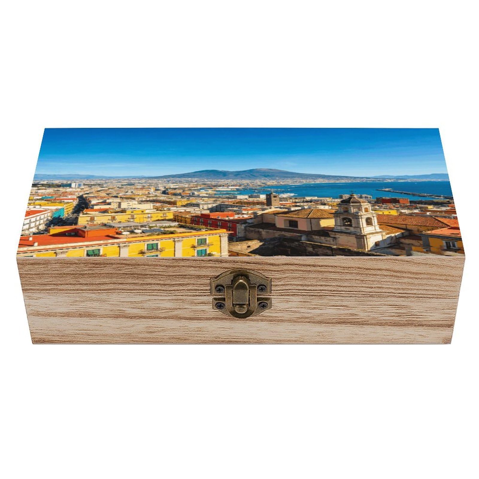 asbwuo City And Sea Wood Keepsake Box Wooden Box with Hinged Lid