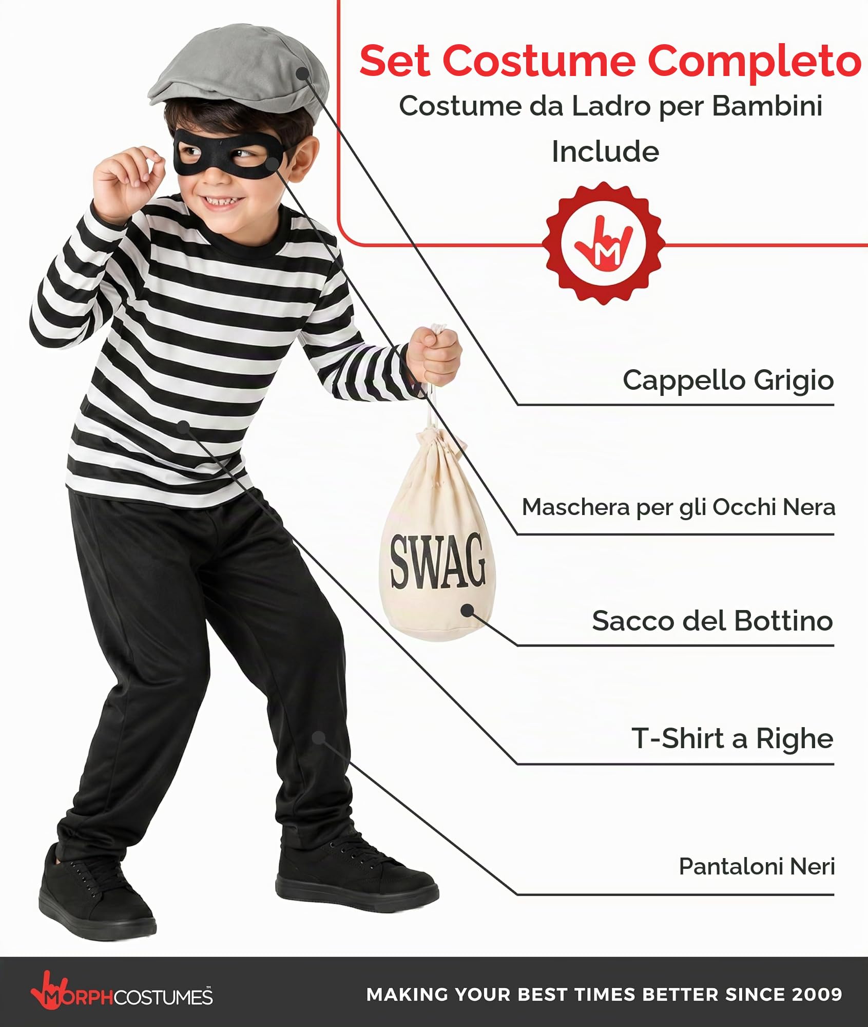 Fun Shack Costume Ladro Bambino, Costume Halloween Bambino | Maglietta a Righe, Pantaloni, Berretto, Mascherina & Sacco del Bottino, Perfetto per Halloween, Ideale per il Gioco di Ruolo