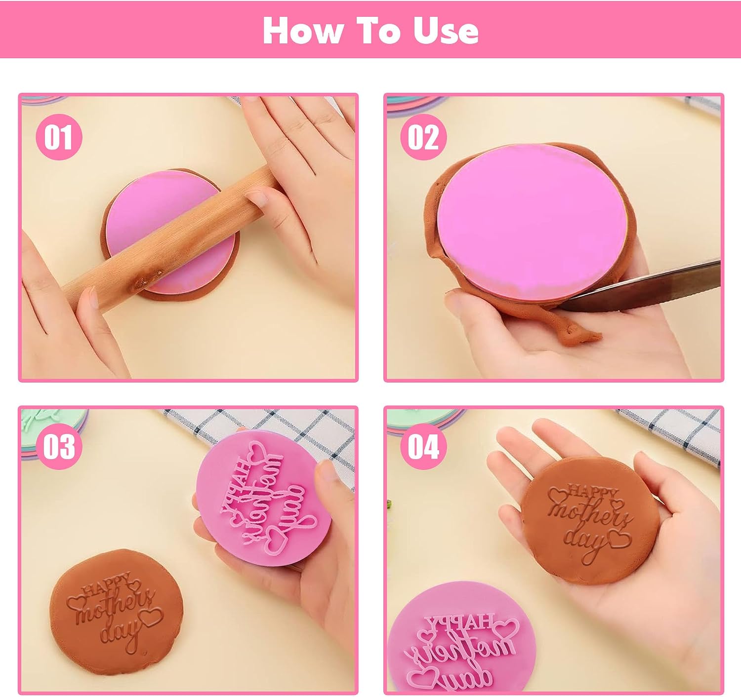 Happy Mothers Day Stamp, Pink Acrylic Fondant Embosser Stamp, 3.15 Inches Cookie Stamps for Baking Cookies and Cake Decorating