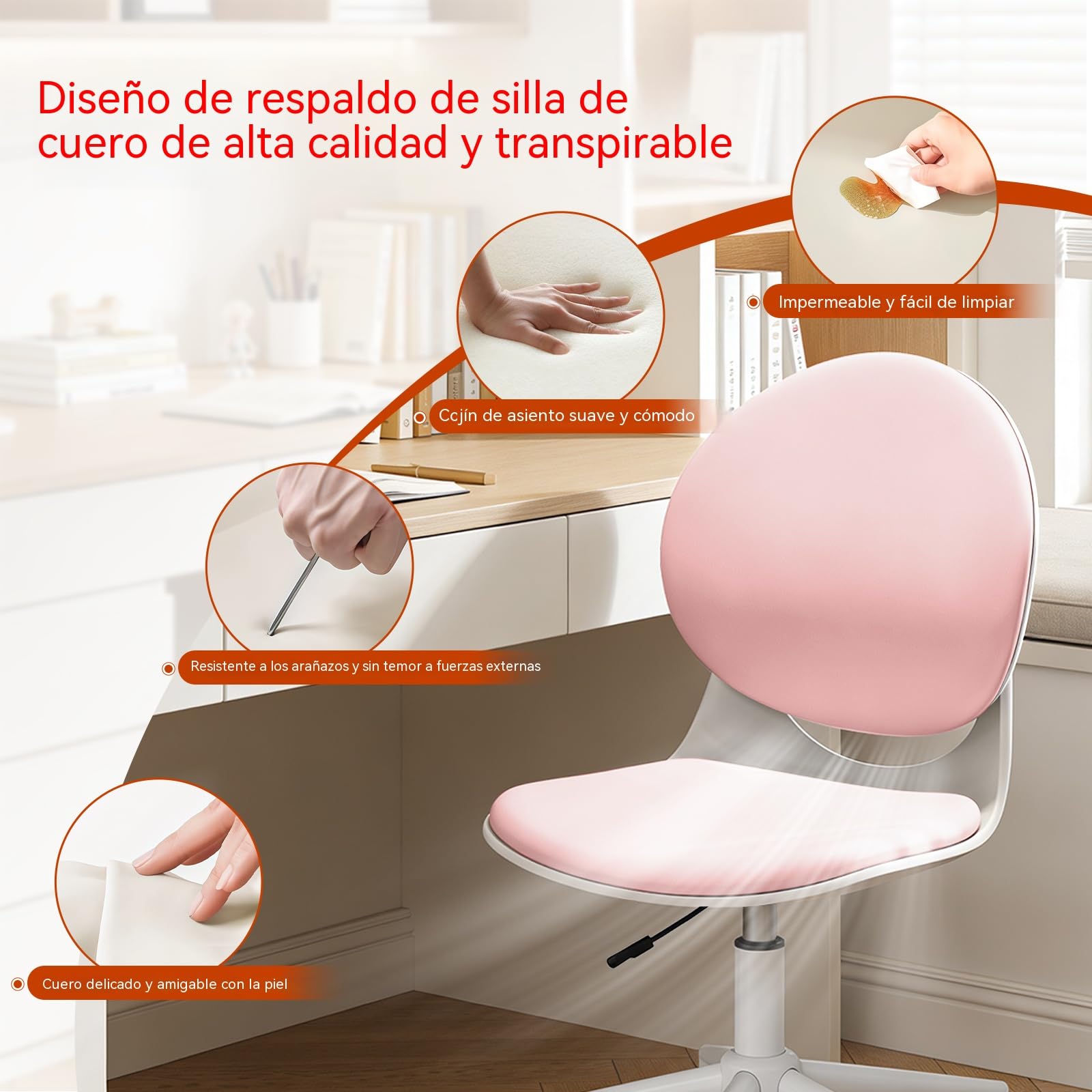 Silla De Oficina Moderna para El Hogar,Sin Brazos De Cuero PU con Respaldo Medio,Ergonómica Giratoria Y Regulable En Altura,para Oficina,Dormitorio,Maquillaje Y Estudio(Rosa)