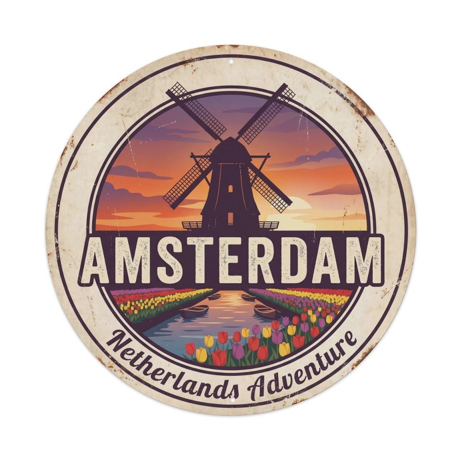 Amsterdam Windmill Netherlands Vintage Travel Adventure Metal Tin Sign Plaque Wall Decor for Cafe, Man Cave, Club Bar, Office, Home Garden Round Metal Poster 8x8Inch