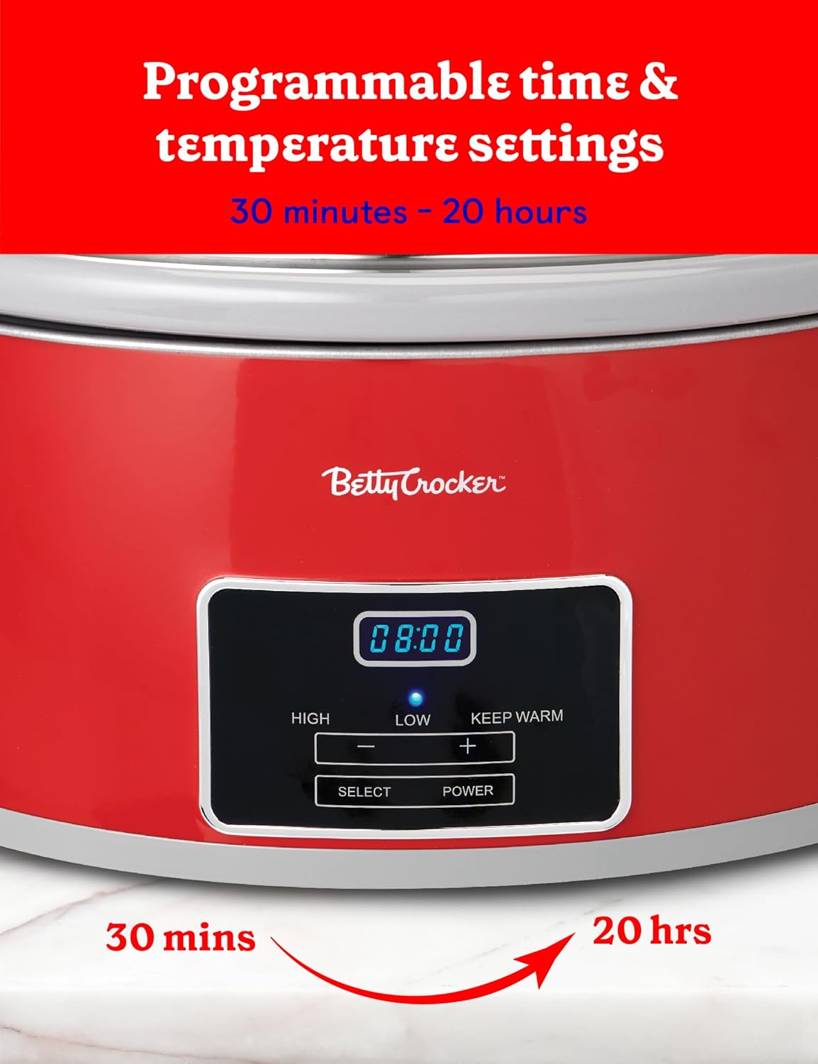 Betty Crocker 6-Quart Oval Digital Slow Cooker, Programmable Crock Pot Up to 20 Hours, Electric Cooking Pot with LCD Digital Display, Removable Stoneware Crock Liner, Betty Crocker Cookbook,Red