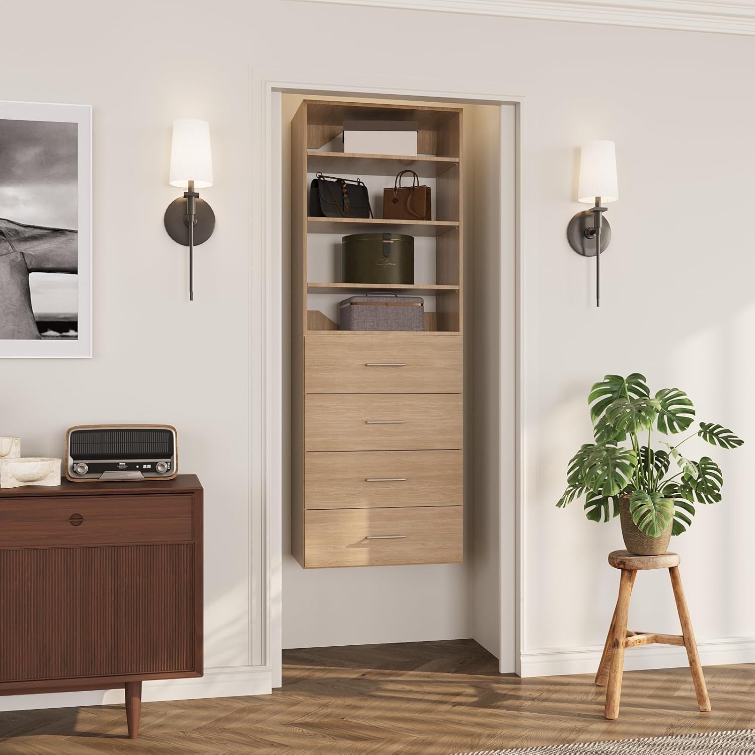 ROOMTEC Modular Closet System, 19.5" 4 Drawer Shelf Closet Tower Wall-Mounted Closet Organizer, Wooden Tower for Walk-In Closets, Wardrobe Storage Kit, Wood