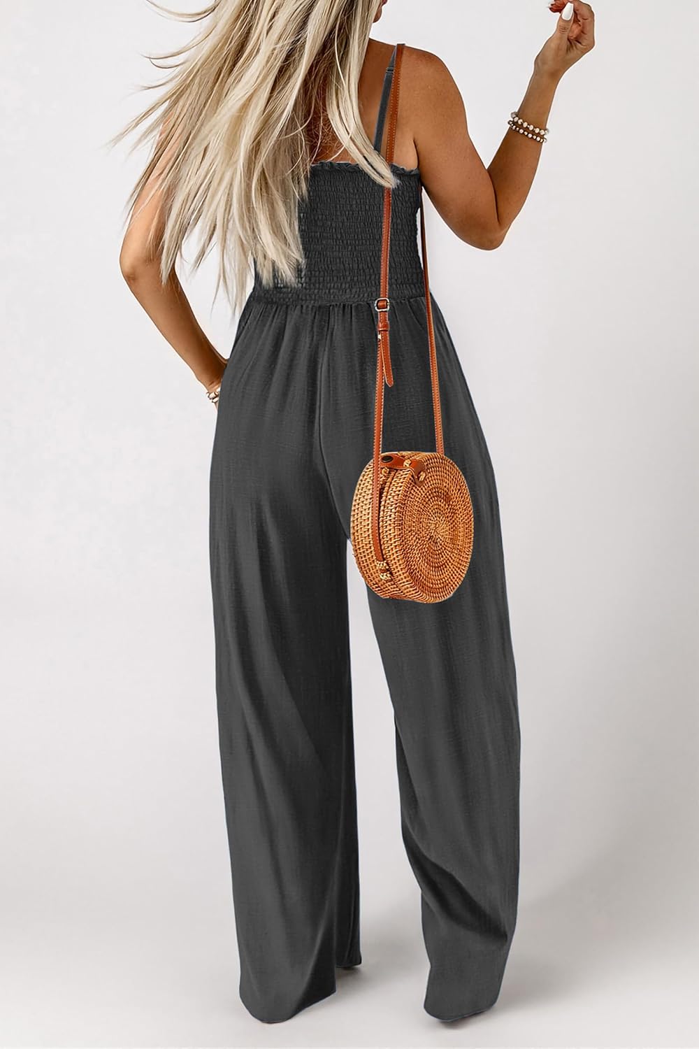 Women's Summer Casual Jumpsuits One Piece Outfits Square Neck Sleeveless Spaghetti Strap Wide Leg Rompers with Pockets - Image 4