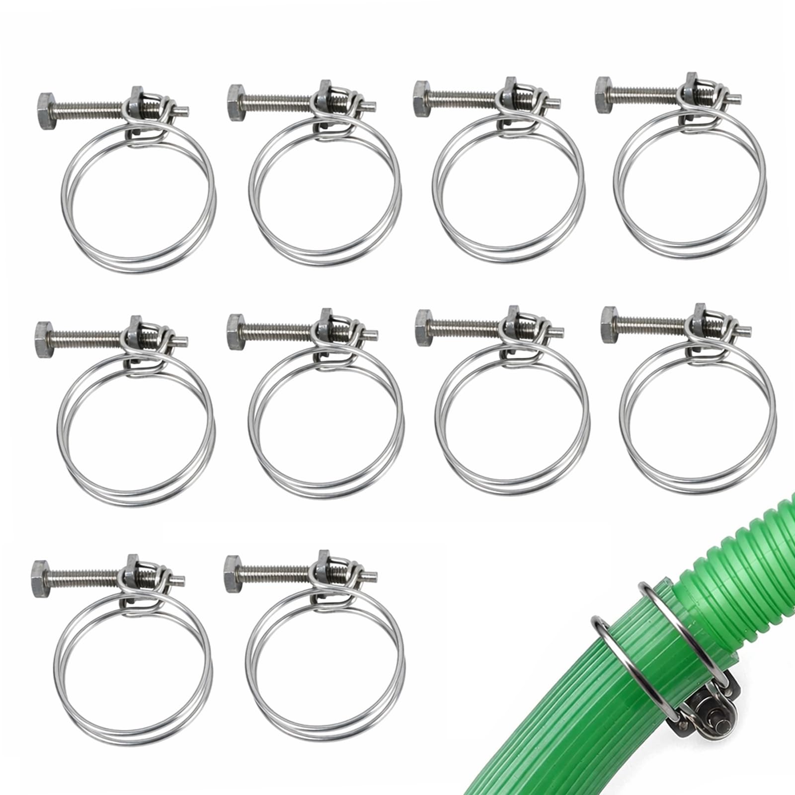 10 Pcs Adjustable Stainless Steel Double Wire Hose Clips, 36–40 mm