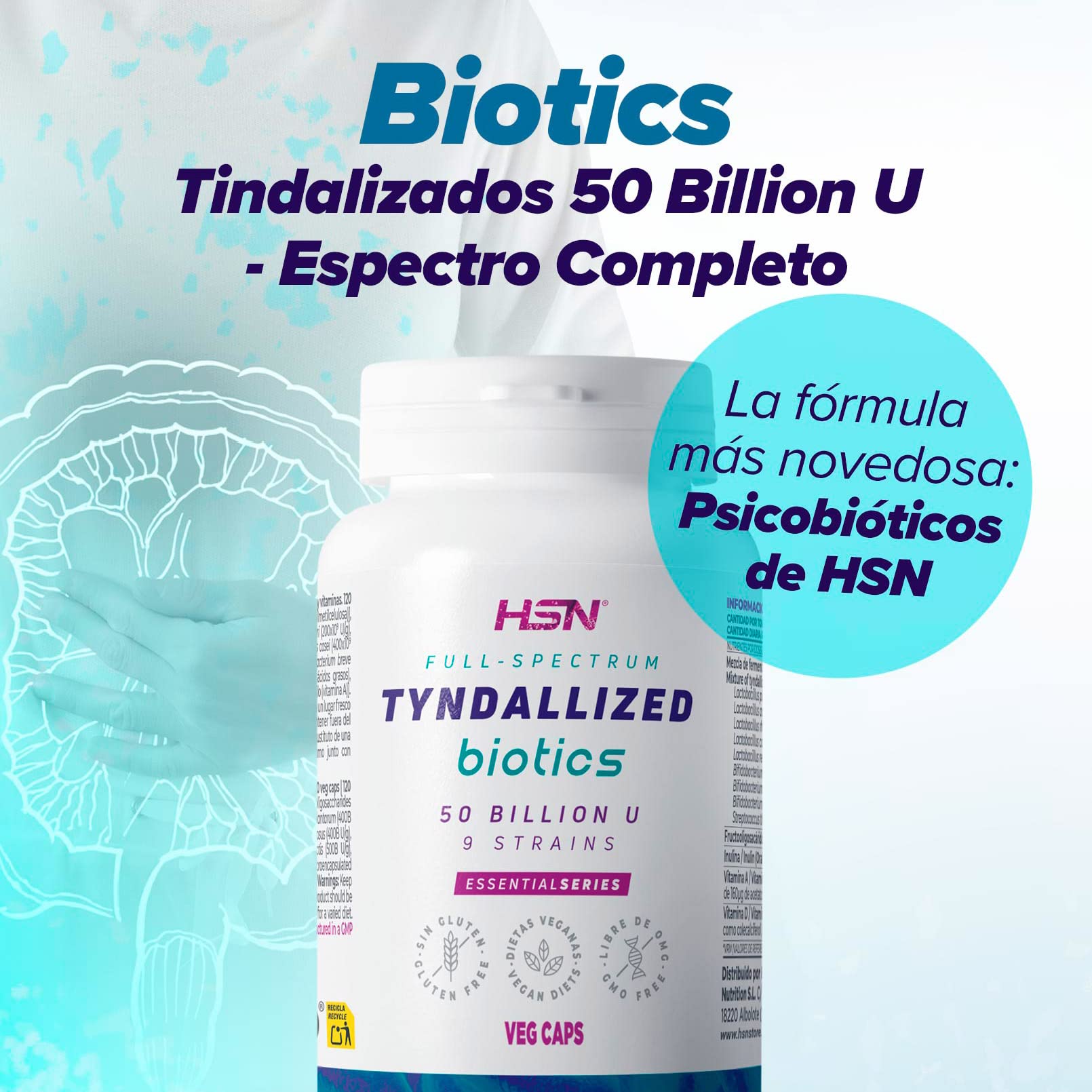 HSN Biotics Fermentos Tindalizados 50B Psicobiótico | 120 Cápsulas Veganas | 9 Cepas (Lactobacillus, Bifidobacterium, Streptococcus) | Prebióticos Inulina y FOS | Vitaminas A y D | Microbiota
