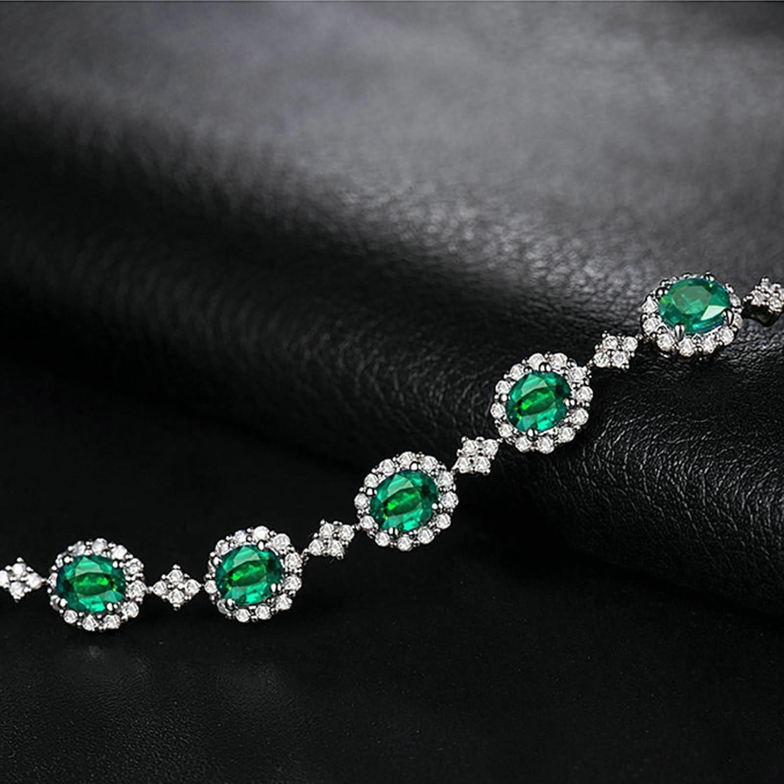 Pulseras de Mujer de Oro Blanco 9Kilates / 14Kilates / 18Kilates, Oval con Esmeralda de 2,4 ct y Diamante de 0,81 ct, Cadena Extensible 16 CM + 5 CM, Pulsera Mujer Ajustable Plata Verde