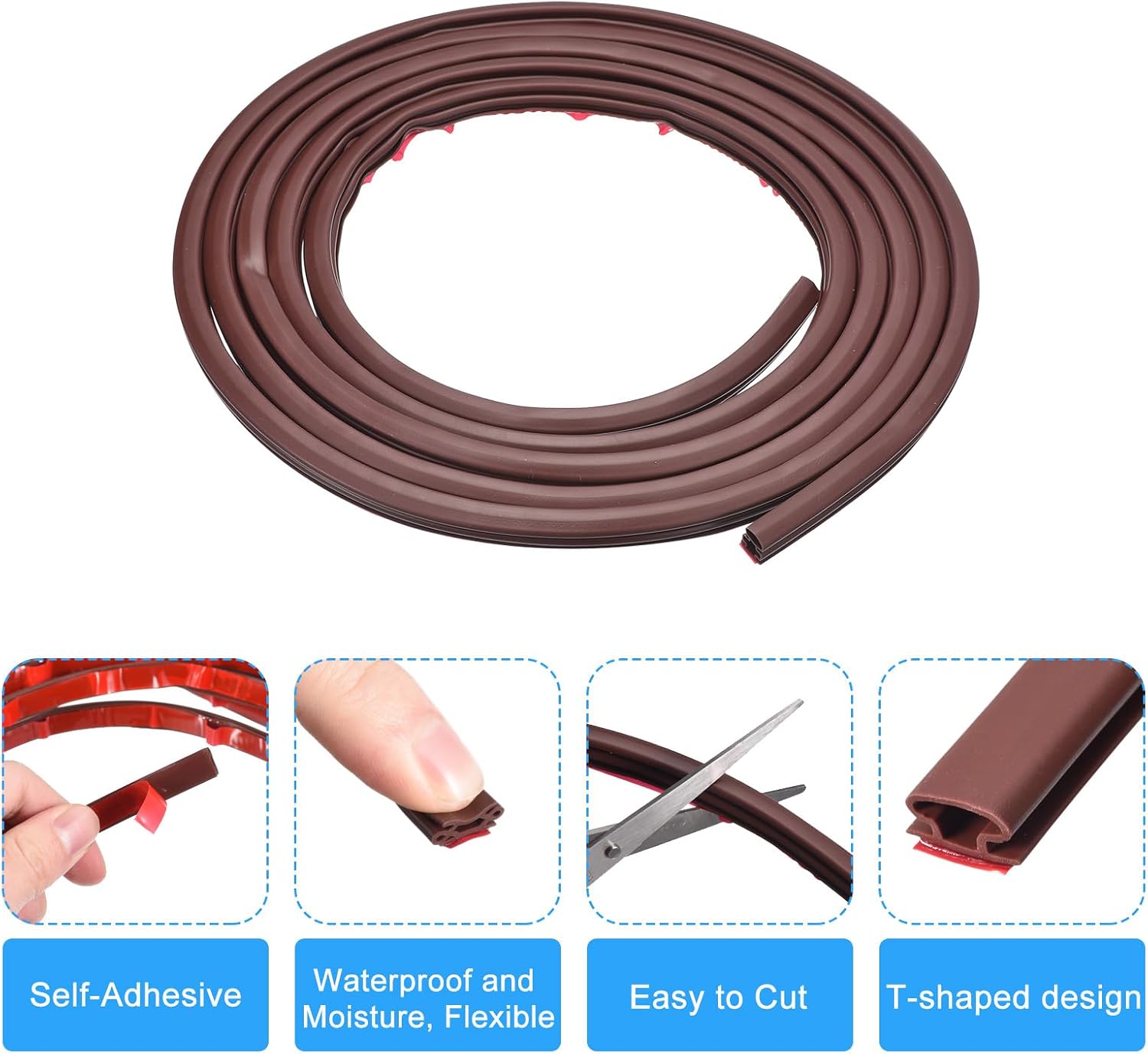Weather Stripping Door Seal Strip, 3 Meters x 10mm x 6mm Self Adhesive Rubber Seal Strip for 4-5mm Gap, for Window and Door Soundproofing and Door Frame Gap Blocker (Brown)