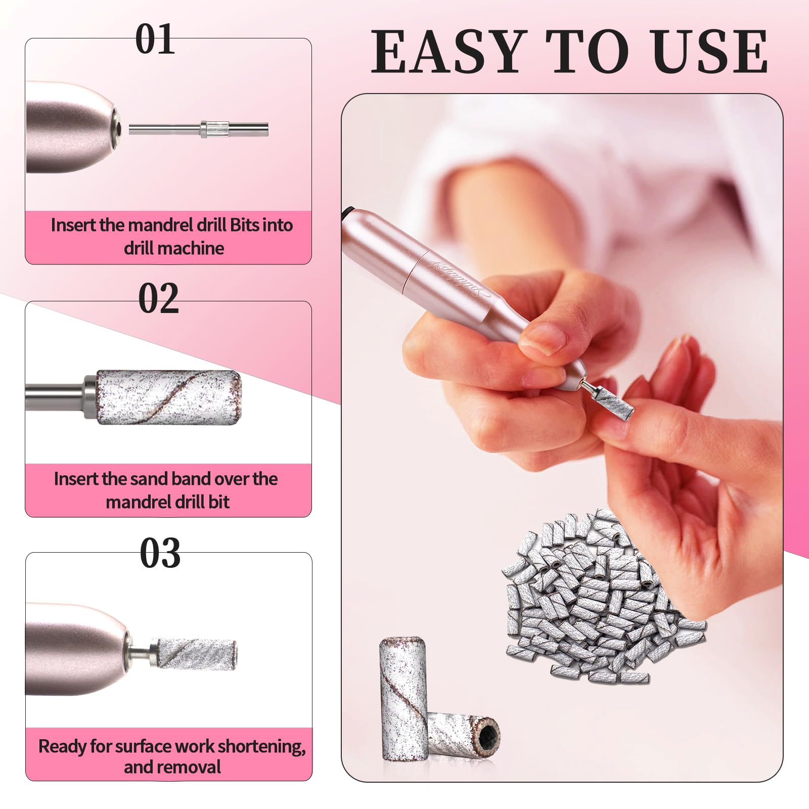 Pezzi 100 Piccole Bande Abrasive per Unghie Grana 240 - Estremamente Fine Con Punta Mandrino 3,1mm per Manicure e Pedicure