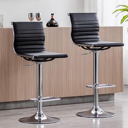 Kmax Taburetes de bar de metal, sillas giratorias negras de altura ajustable, taburete de cuero sintético sin brazos para cocina, oficina, club,