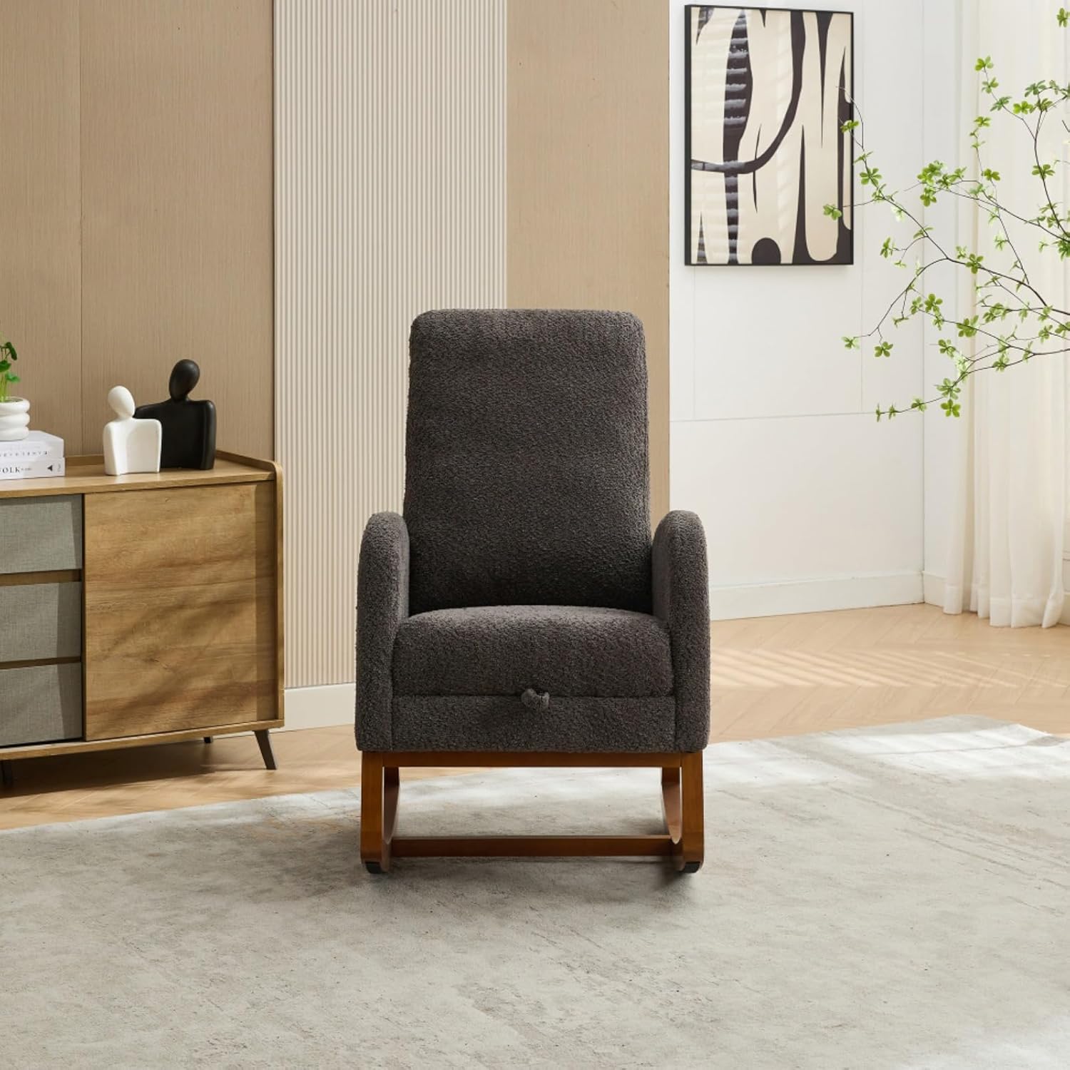 25.4" W Rocking Chair for Nursery, High Back Glider Chair with Retractable Footrest, Side Pocket, Rocking Accent Armchair with Rubber Wood Legs for Living Room/Bedroom (Charcoal)
