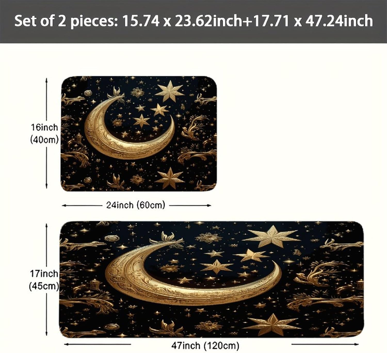 Golden Stars and Moon Kitchen Mats with 2PCS Non-Slip Washable,Kitchen Rug Heavy Duty Durable, Floor Mats for Kitchen,Office,Sink,Laundry