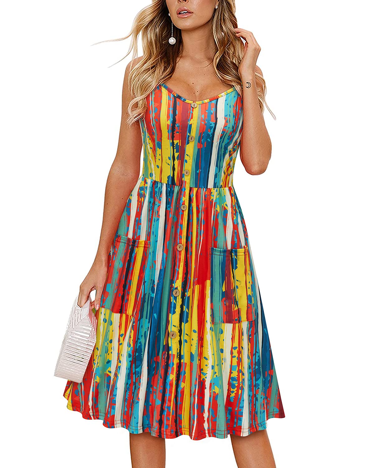 KILIG Women's Summer Casual Sundress Spaghetti Strap Button Dress with Pockets