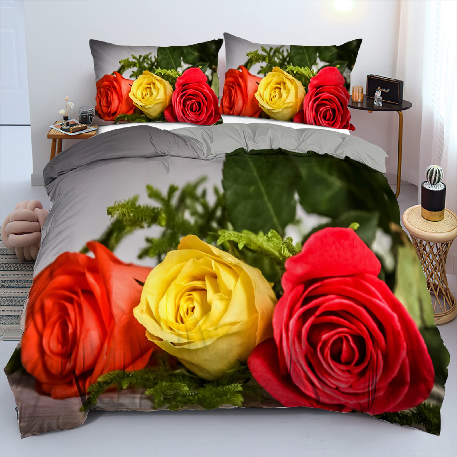 Parure housse de couette 140x200 microfibre douce rose jaune pour lit enfant ado