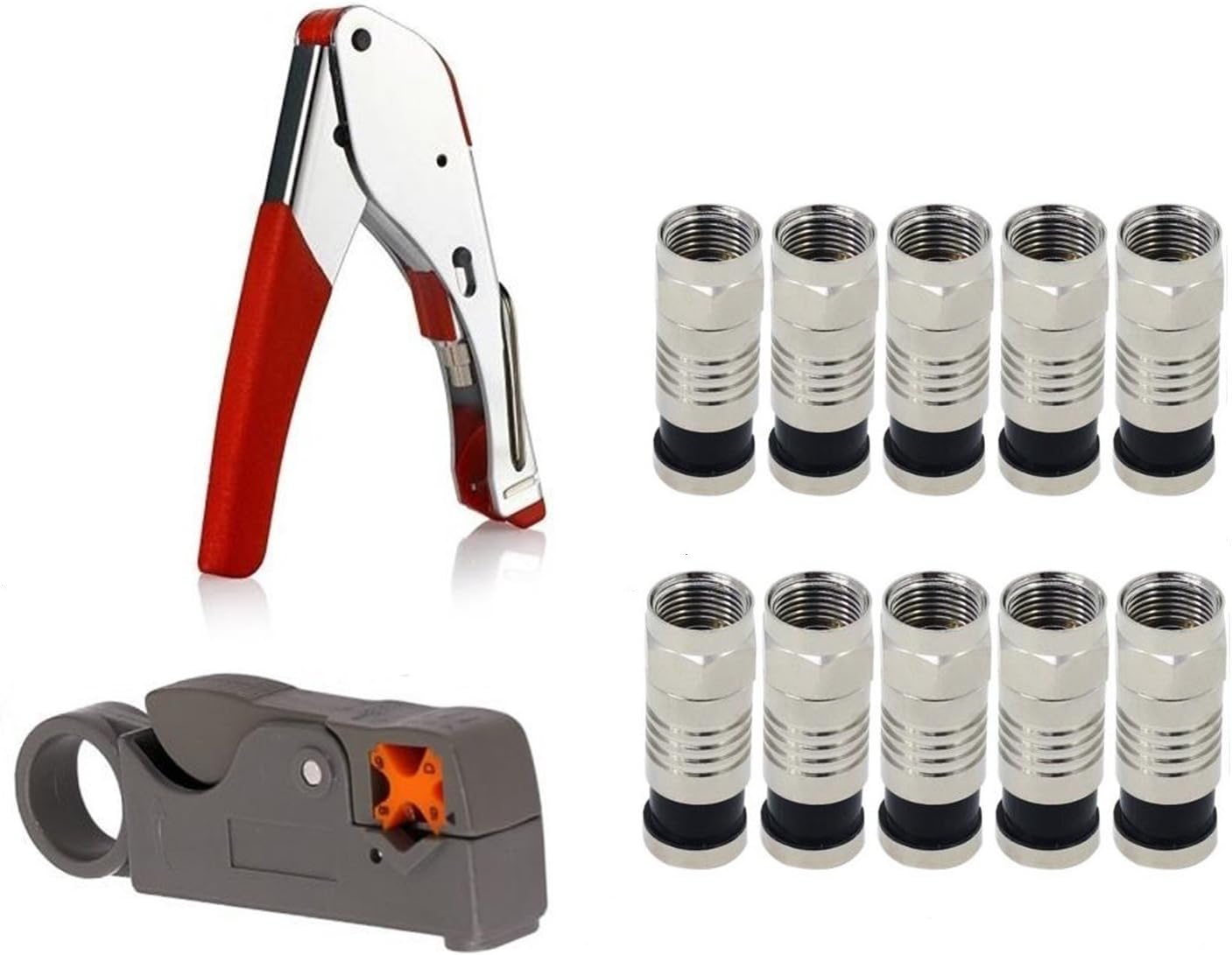 Coax Cable Crimper Kit for RG6 RG59 Coaxial Compression Tool Fitting Wire Stripper Kit with 10 PCS F Compression connectors - Grey + Black