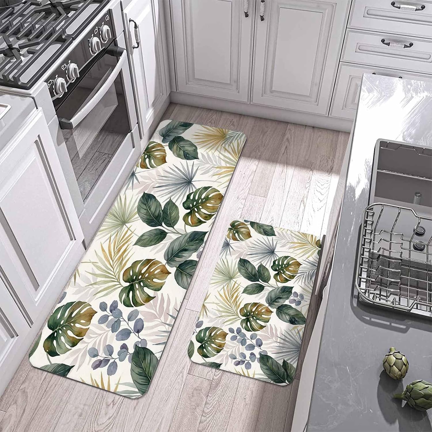 Prime Leader Green Purple Leaf Kitchen Mat Set 2 Pieces Watercolor Monstera Eucalyptus Leaves Non Slip Kitchen Rugs Washable Runner Rug Mats for Floor Sink Laundry Office 15.7" x 23.6"+15.7" x 47.2"