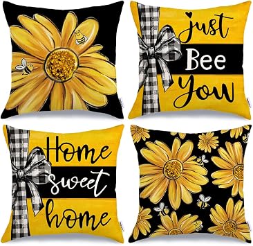 GEEORY Summer Pillow Covers 18x18 Inch Set of 4, Daisy Floral Bee Home Sweet Home Black Yellow Farmhouse Decorative Throw Pillowcases for Sofa G704-18