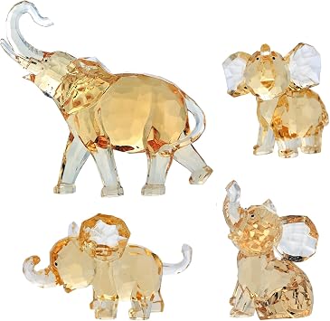 Set of 4 Acrylic Elephant Figurines Collection Clear Amber Mother and Baby Elephant Family Ornament Statue Cute Animal Home Decor for Bookshelf and Office Table