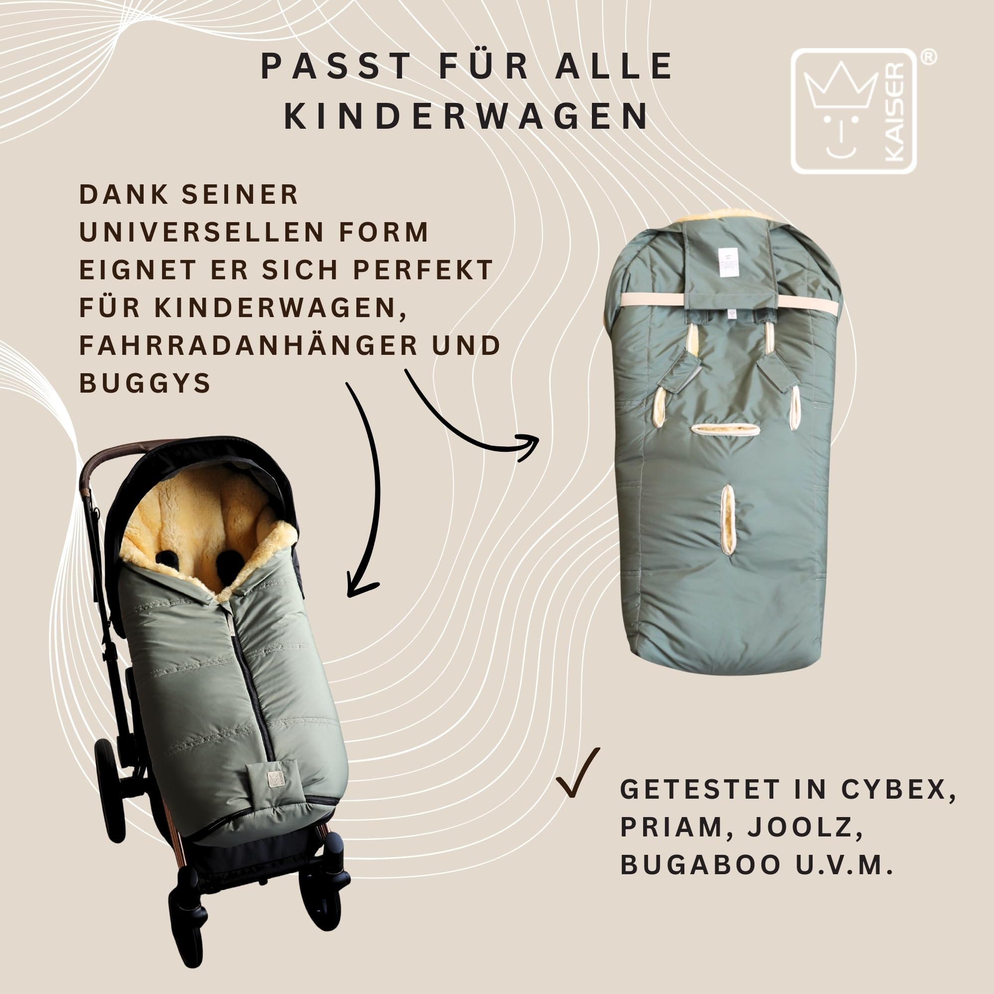 IGLU 2.0 Lammfell Fußsack für Kinderwagen, 98 x 45 cm, Wind- und Wasserabweisend, Waschbar bei 30°(salbei green)