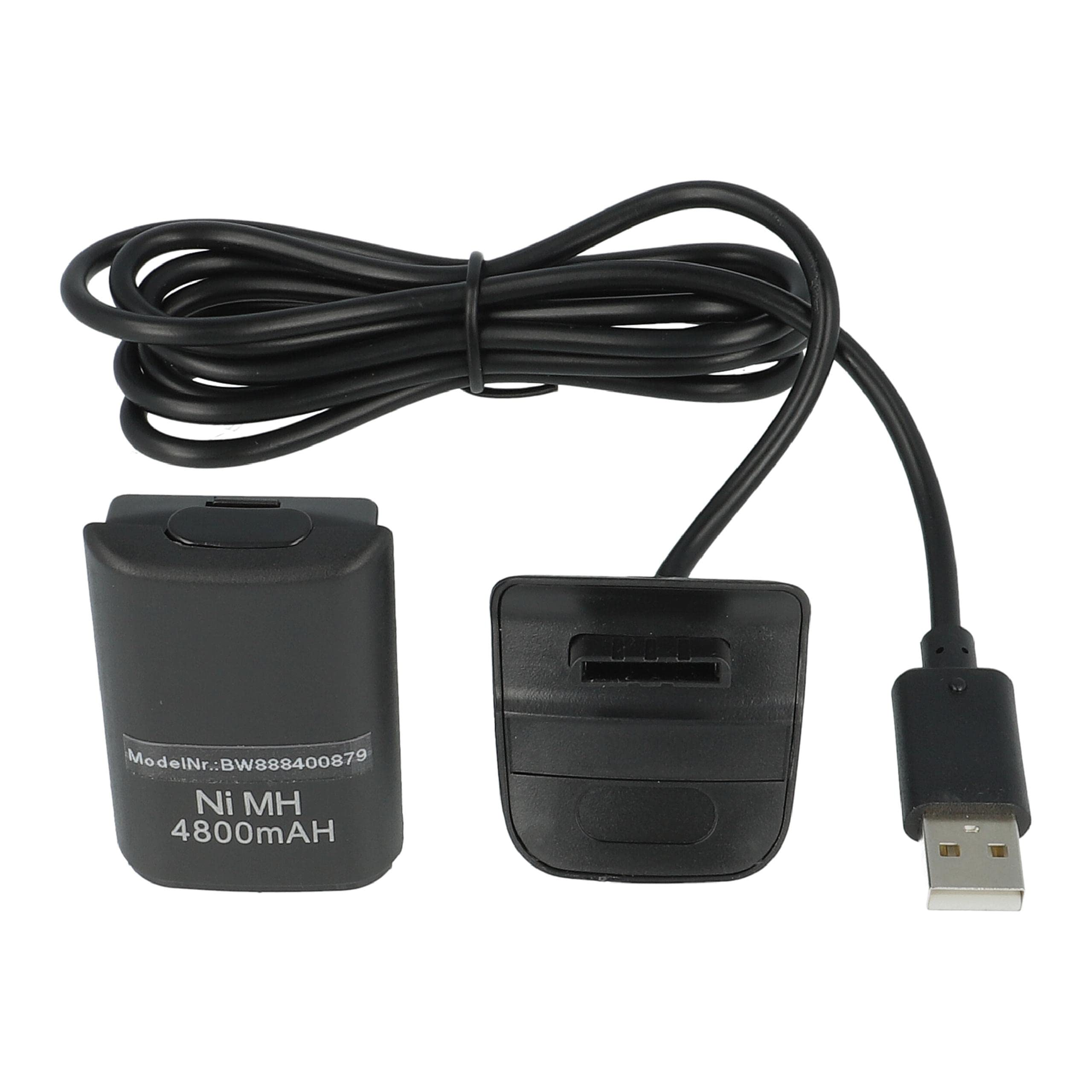 vhbw Kit Carga y Juega Compatible con Microsoft Xbox 360 Controller - 1x Cable de Carga, 1x batería, Negro