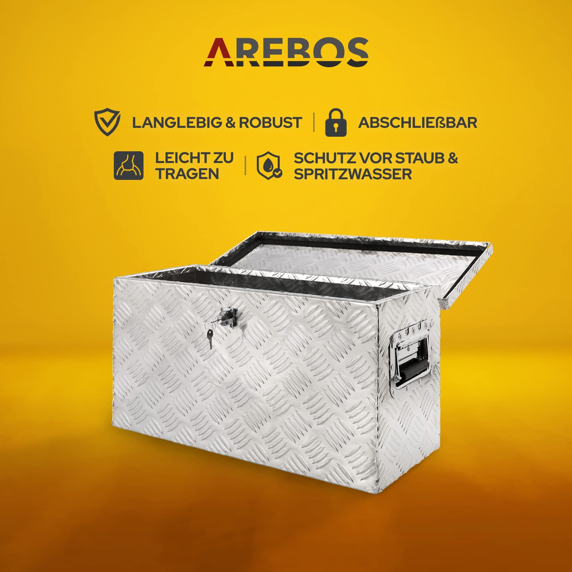 Arebos Truckbox 40 Liter | Aluminium Werkzeugbox mit Schloss | Deichselbox | | 60 x 25 x 30 cm | Anhängerbox Transportbox stabil und wassergeschützt | Inkl. Moosgummidichtung | Silber