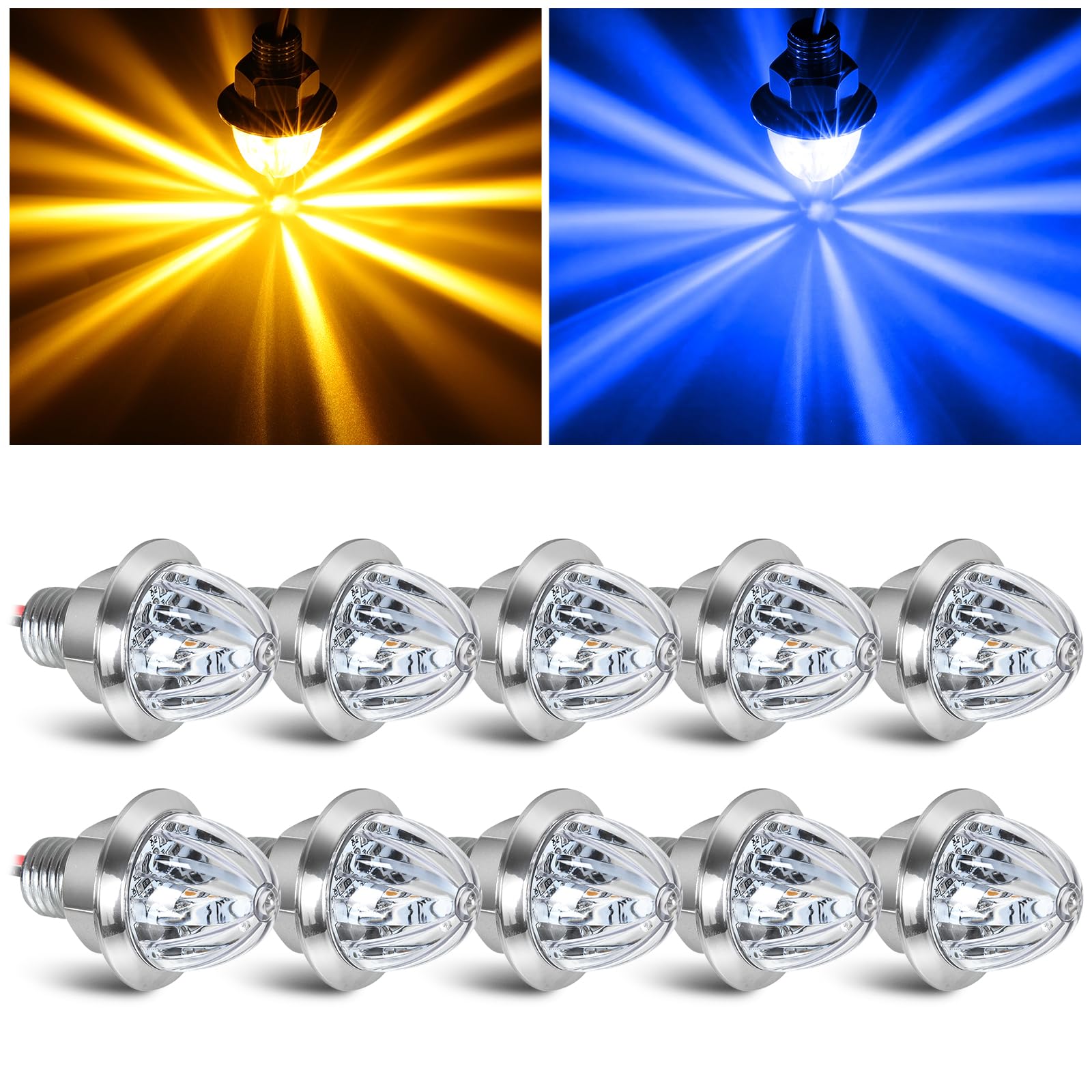 10PCS Mini Watermelon Lights, 3/4 Inch Dual Revolution Amber Turn Signal Marker to Blue Auxiliary LED Watermelon Light, IP65 Waterproof Side Clearance Tail Griller Lights, for 12V Trailers Trucks RV