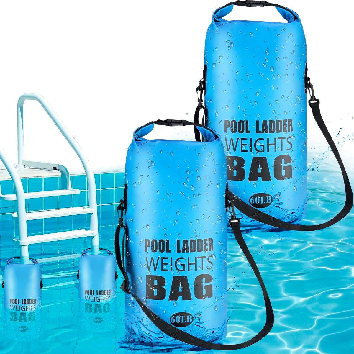 Piemow 2 Pack 25L/60LB Pool Ladder Weights - 500D PVC Waterproof & No Broken Sand Bag with Handle, Above Ground Pool Accessories for Stairs Stabilizing