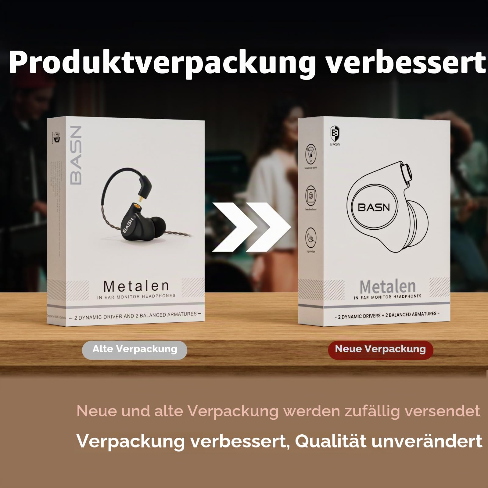 BASN Metalen 4 Treiber In-Ear-Monitor-Kopfhörer, geräuschisolierende IEMs mit tiefem Bass, für Musiker, Sänger, Schlagzeuger, Bassisten (schwarz)