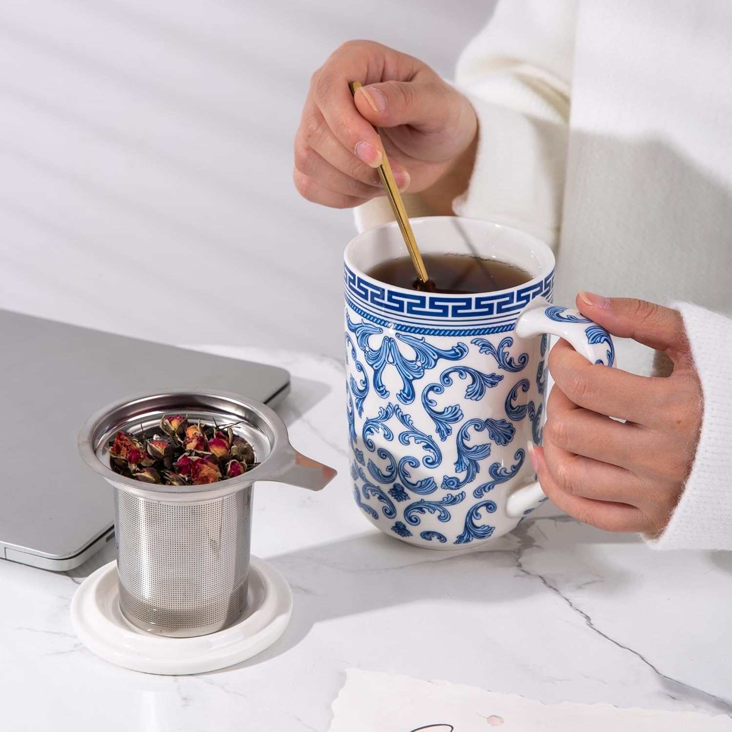 AmorArc Porcelain Tea Mug with Infuser and Lids, 18 Oz Large Cup Strainer with Bag Holder for Loose Leaf Tea, Steeping Coffee Mug for House-Warming Wedding Birthday Gift - Image 7