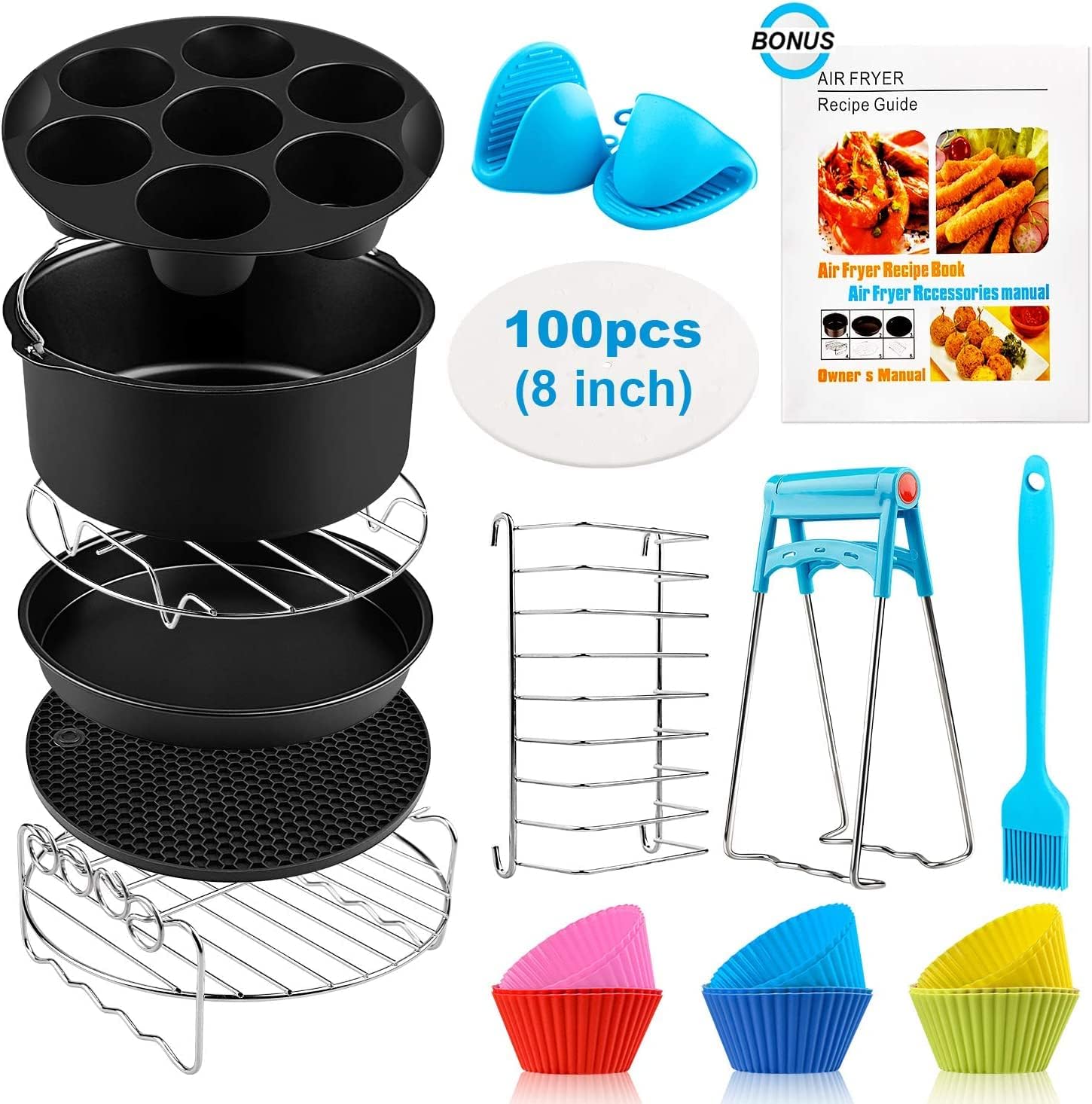 Air Fryer Accessories XL, 8 Inch Set Of 17 For Gowise USA Phillips Ninjia Cosori Cozyna 4.2QT 5.3QT 5.5QT 5.8QT Deep Air Fryer with Recipes Cookbook and 12 Silicone Muffin Cups Universal Accessories