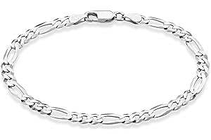 Solid 925 Sterling Silver Italian 5MM Diamond-Cut Figaro Chain Bracelet for Women