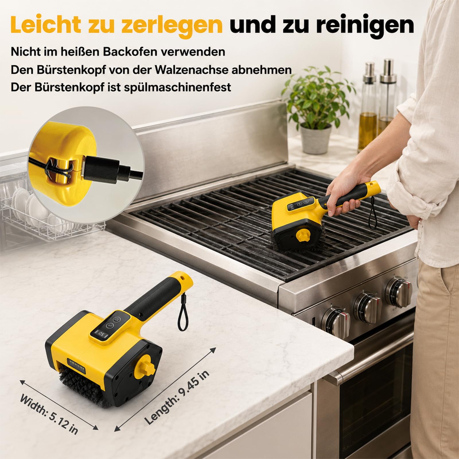 Elektrische Grillbürste Grillreiniger Elektrisch mit LED Licht, Kabellose Grill Reinigungsbürste für Grillrost, BBQ Grill Brush Edelstahl, USB-C Grill Cleaner Brush